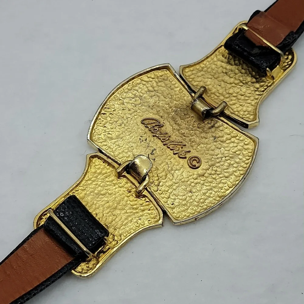 Vtg ALEXIS KIRK Belt Gold Basketweave Buckle Blk Reptile Leather 80s Rare Signed